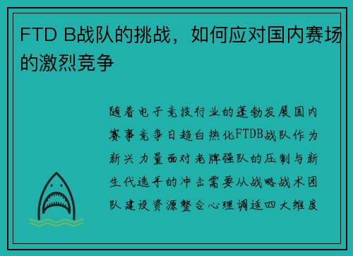 FTD B战队的挑战，如何应对国内赛场的激烈竞争